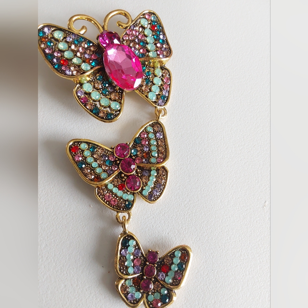 Gold Tone Triple Butterfly Brooch with Multicolor Crystals